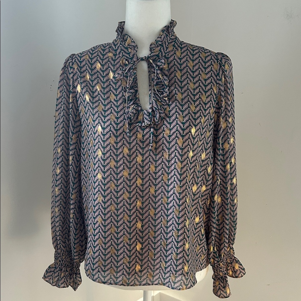 Jade Green/Gold/Lavender Geometric Patterned Blouse sz S